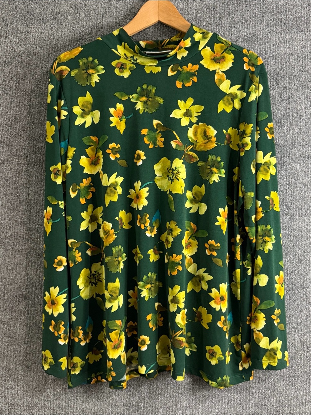 Susan Graver Womens XL Dark Green Yellow Floral Liquid Knit Mock Neck Tunic Top